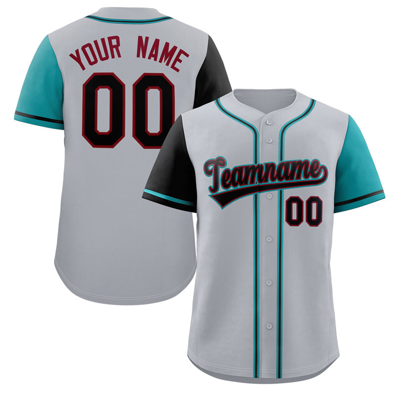 Maillot de baseball authentique à manches raglan gris noir-aqua personnalisé