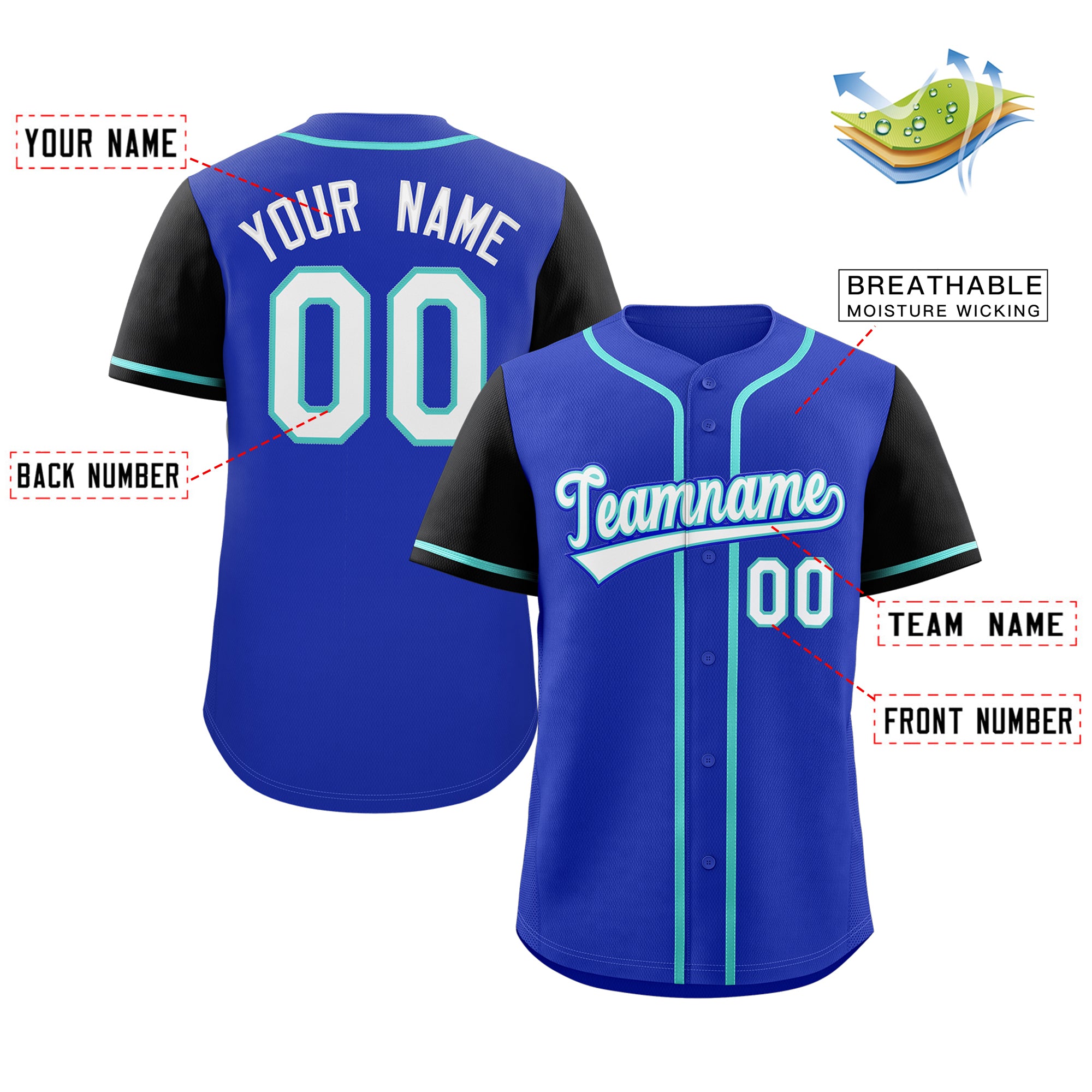 Maillot de baseball authentique à manches raglan Royal White-Aqua personnalisé