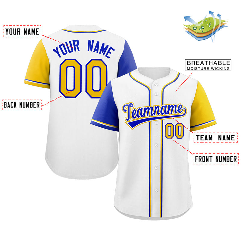 Custom White Royal-Gold Raglan Sleeves Authentic Baseball Jersey