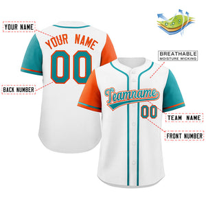 Maillot de baseball authentique à manches raglan blanc Aqua-Orange personnalisé