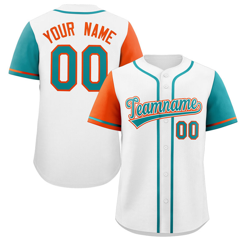 Maillot de baseball authentique à manches raglan blanc Aqua-Orange personnalisé