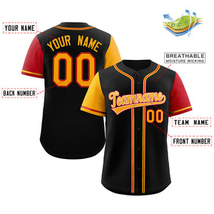 Custom Black Yellow-Red Raglan Sleeves Authentic Baseball Jersey