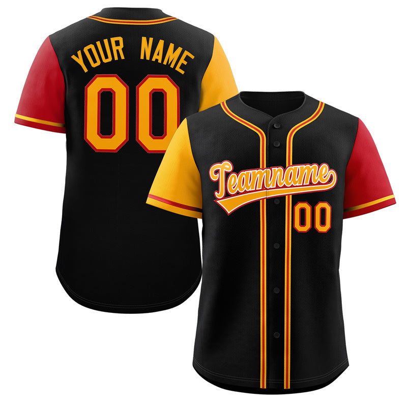 Custom Black Yellow-Red Raglan Sleeves Authentic Baseball Jersey