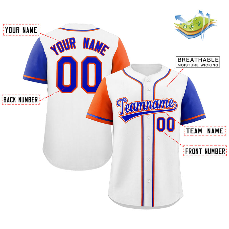 Maillot de baseball authentique à manches raglan blanc royal-orange personnalisé