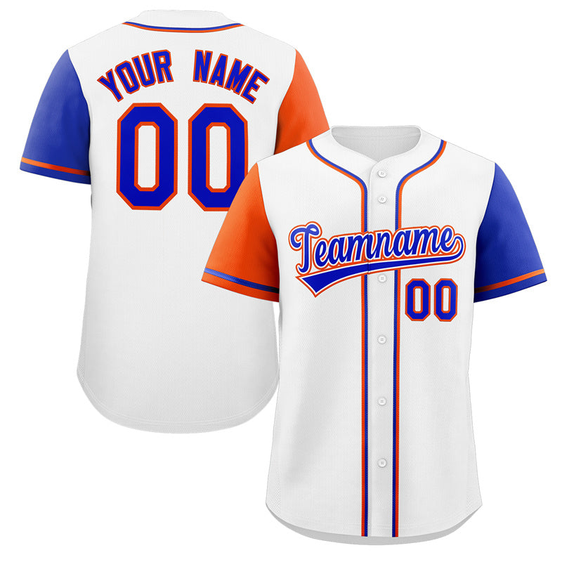 Maillot de baseball authentique à manches raglan blanc royal-orange personnalisé