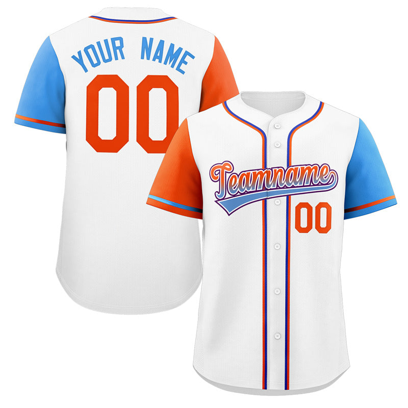 Maillot de baseball authentique à manches raglan blanc orange-violet personnalisé