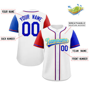 Custom White Royal-Yellow Raglan Sleeves Authentic Baseball Jersey