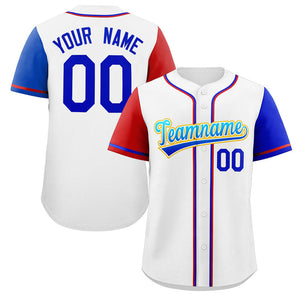 Custom White Royal-Yellow Raglan Sleeves Authentic Baseball Jersey