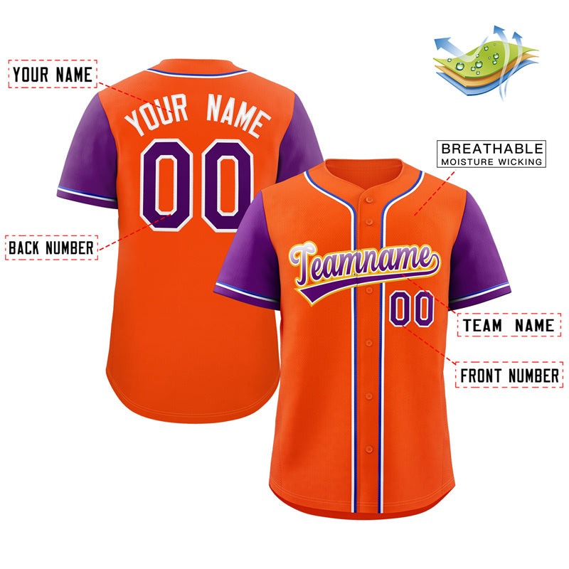 Maillot de baseball authentique à manches raglan orange violet-jaune personnalisé