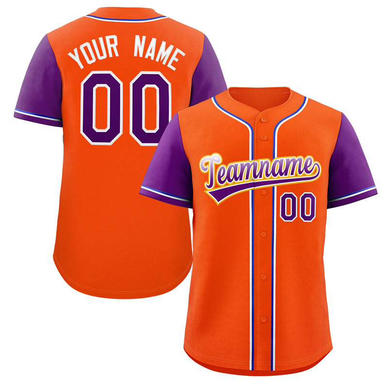 Maillot de baseball authentique à manches raglan orange violet-jaune personnalisé