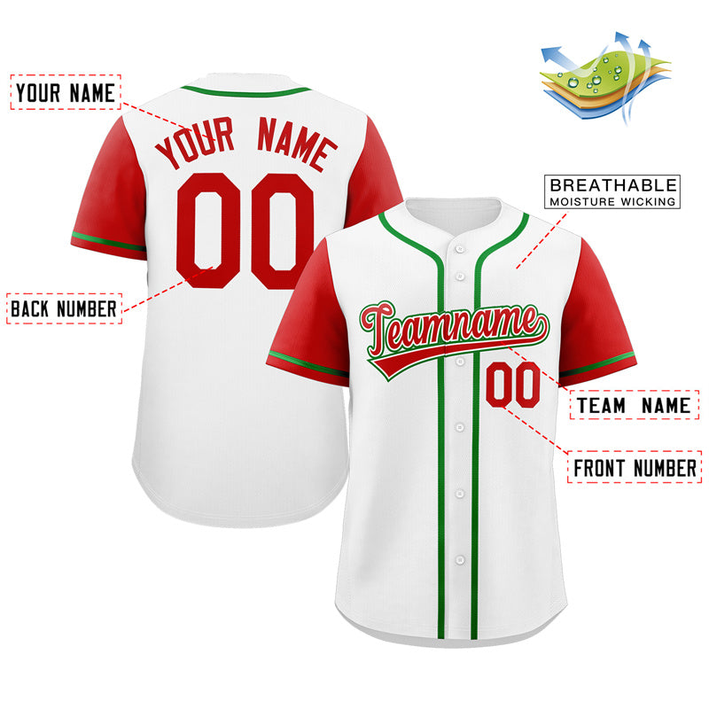 Custom White Red-Kelly Green Raglan Sleeves Authentic Baseball Jersey