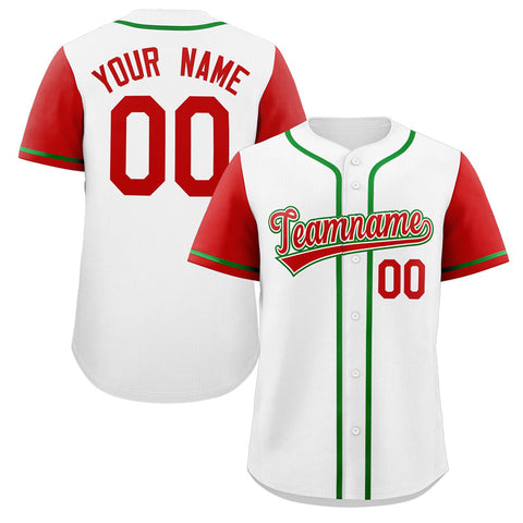 Custom White Red-Kelly Green Raglan Sleeves Authentic Baseball Jersey
