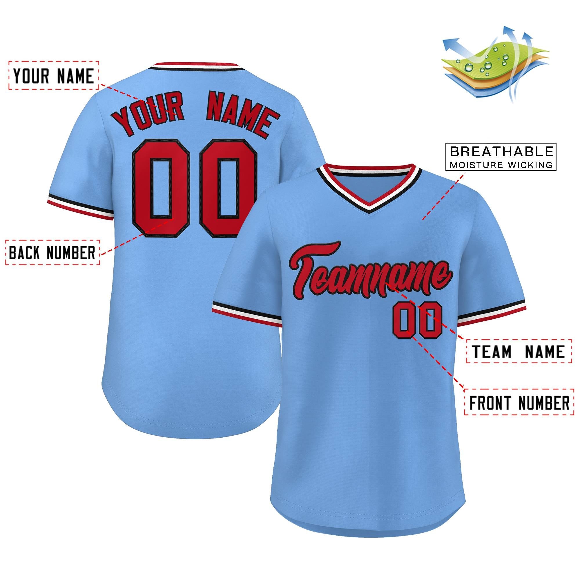 Custom Light Blue Red-White Classic Style V-Neck Authentic Pullover Baseball Jersey