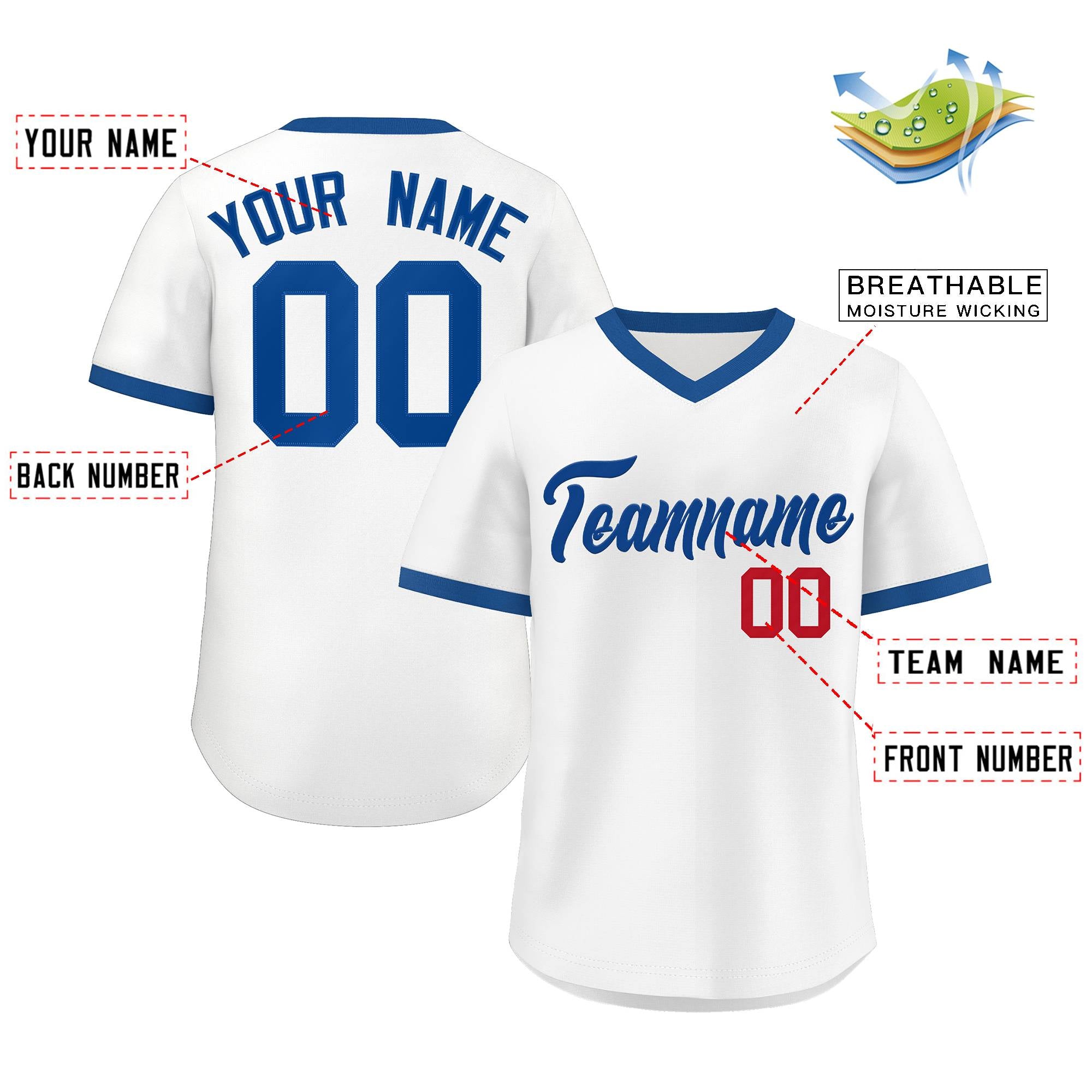 Custom White Royal-Red Classic Style V-Neck Authentic Pullover Baseball Jersey