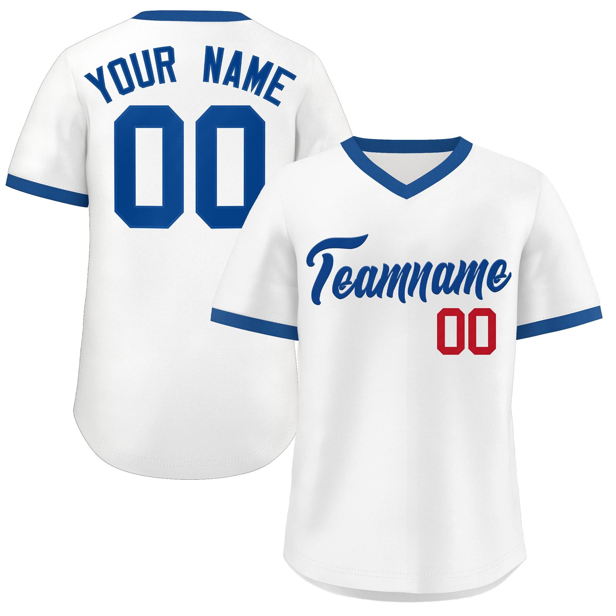 Custom White Royal-Red Classic Style V-Neck Authentic Pullover Baseball Jersey