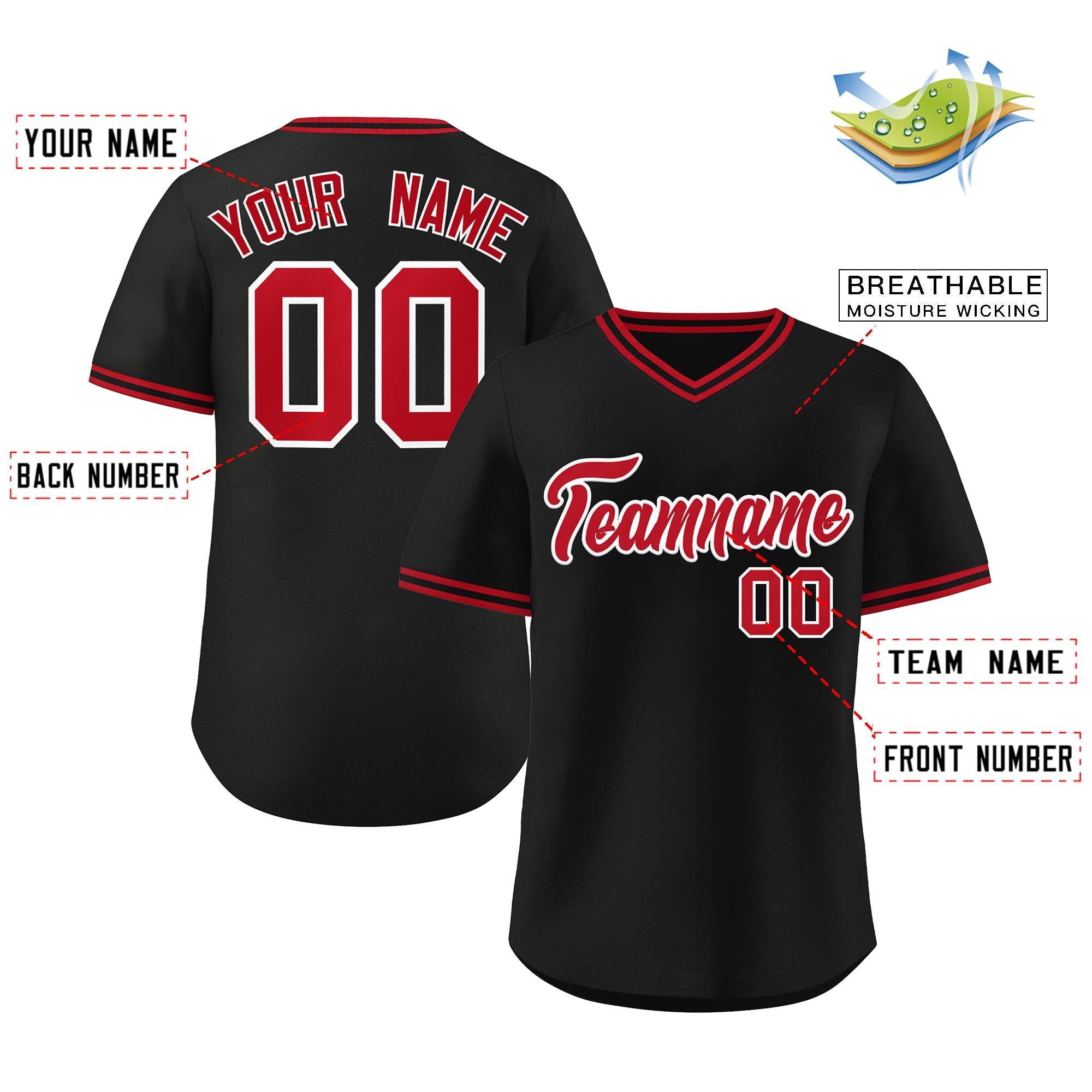 Custom Black Red-Black Classic Style V-Neck Authentic Pullover Baseball Jersey