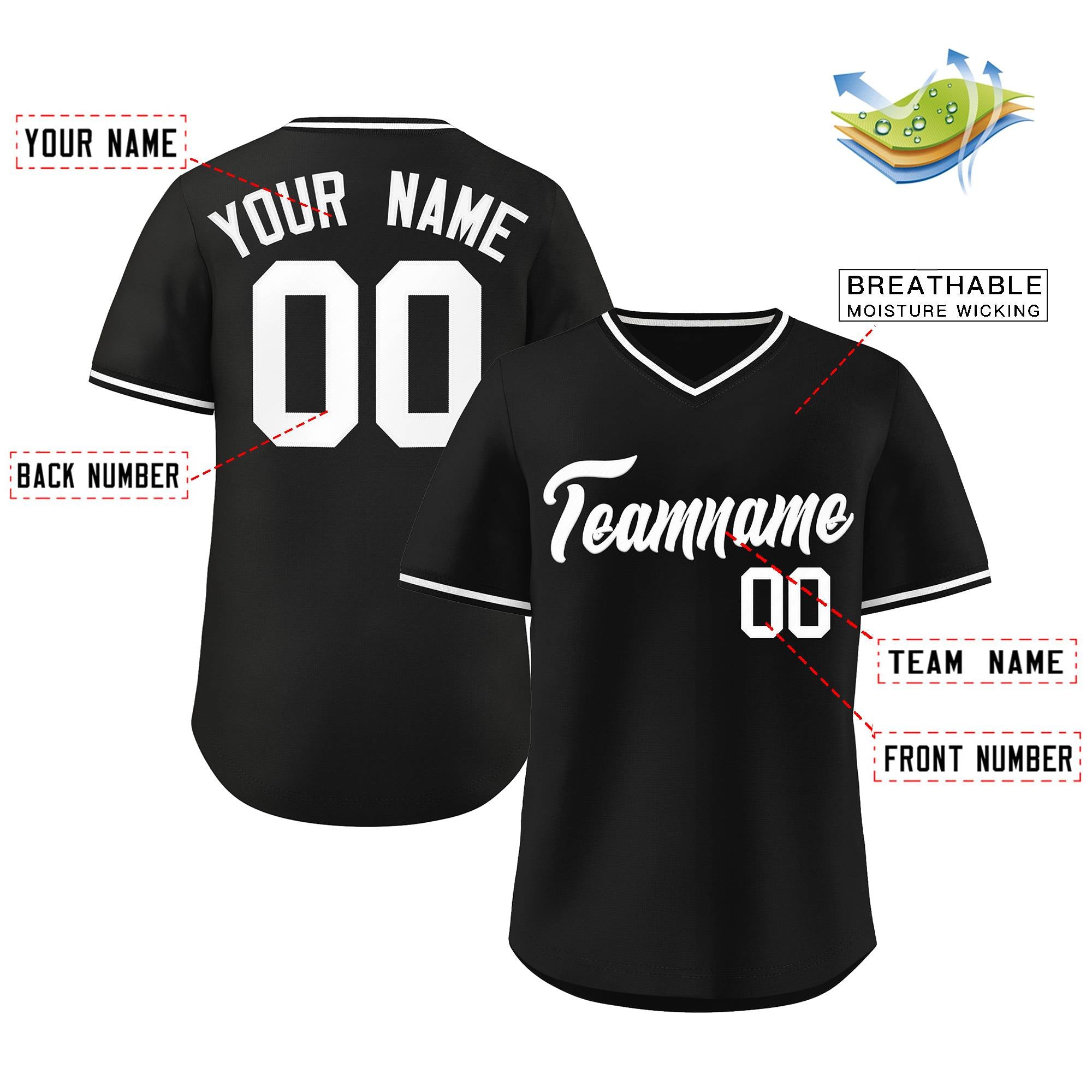 Custom Black White Classic Style V-Neck Authentic Pullover Baseball Jersey