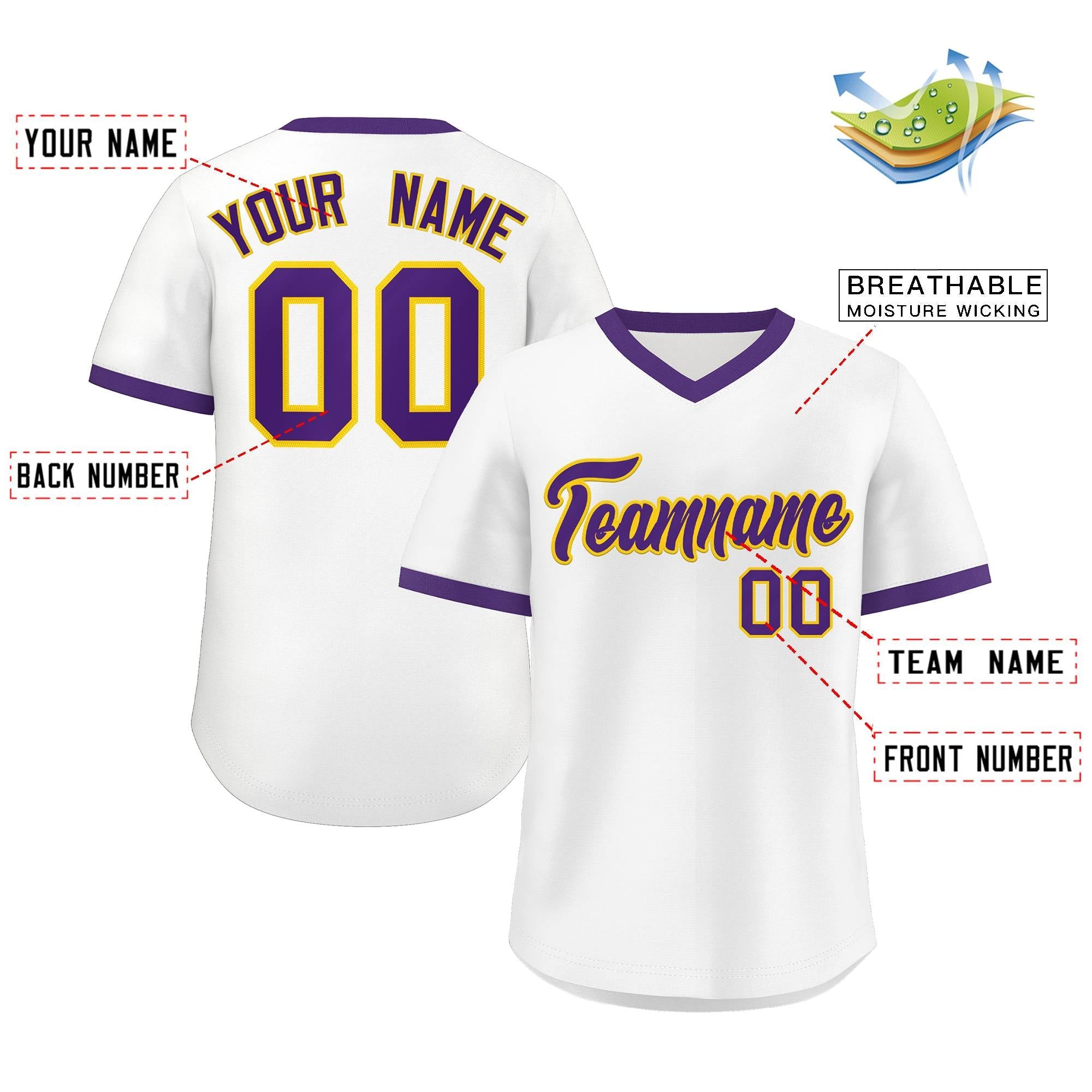 Maillot de baseball authentique à col en V, personnalisé, blanc, violet, Style classique