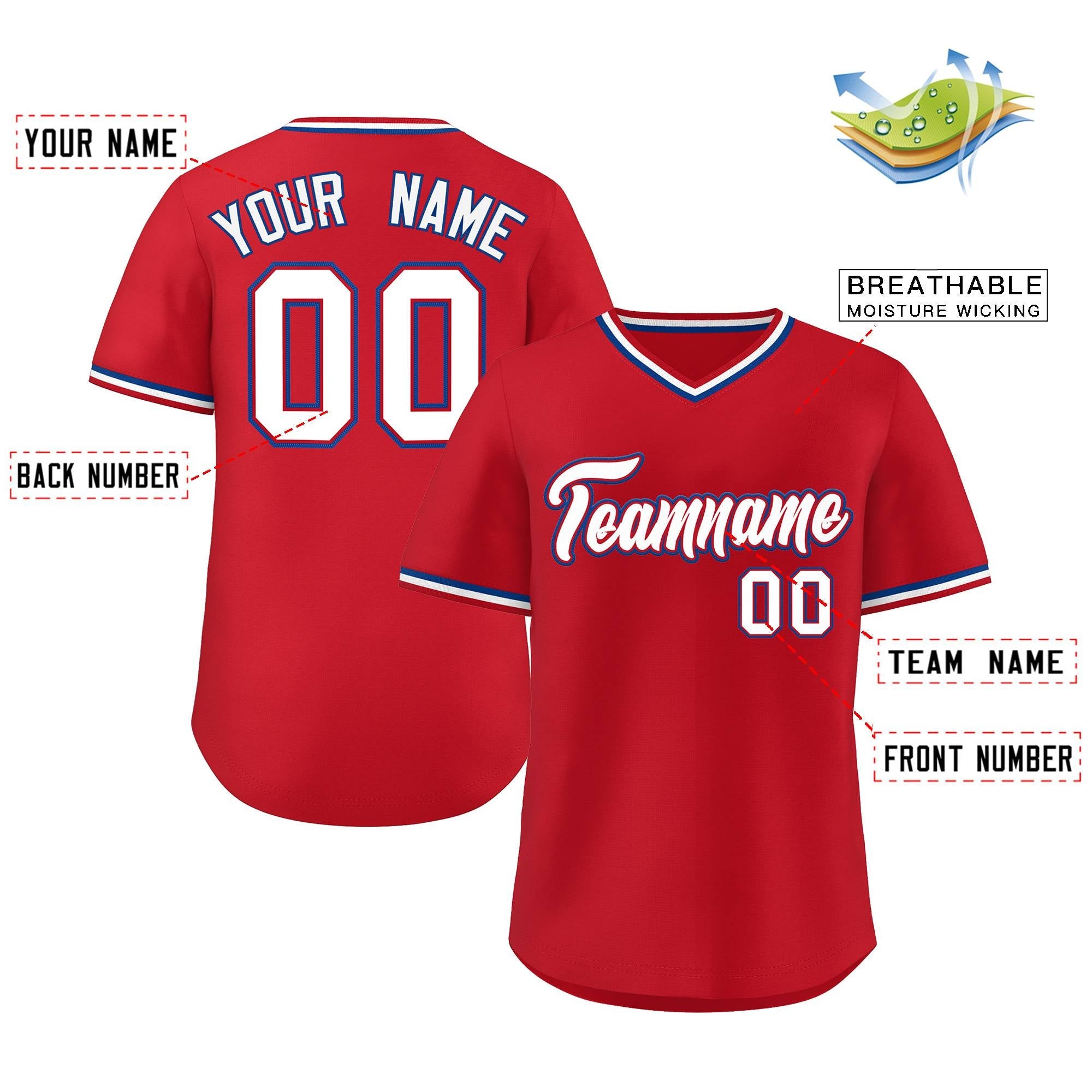 Custom Red White Classic Style V-Neck Authentic Pullover Baseball Jersey