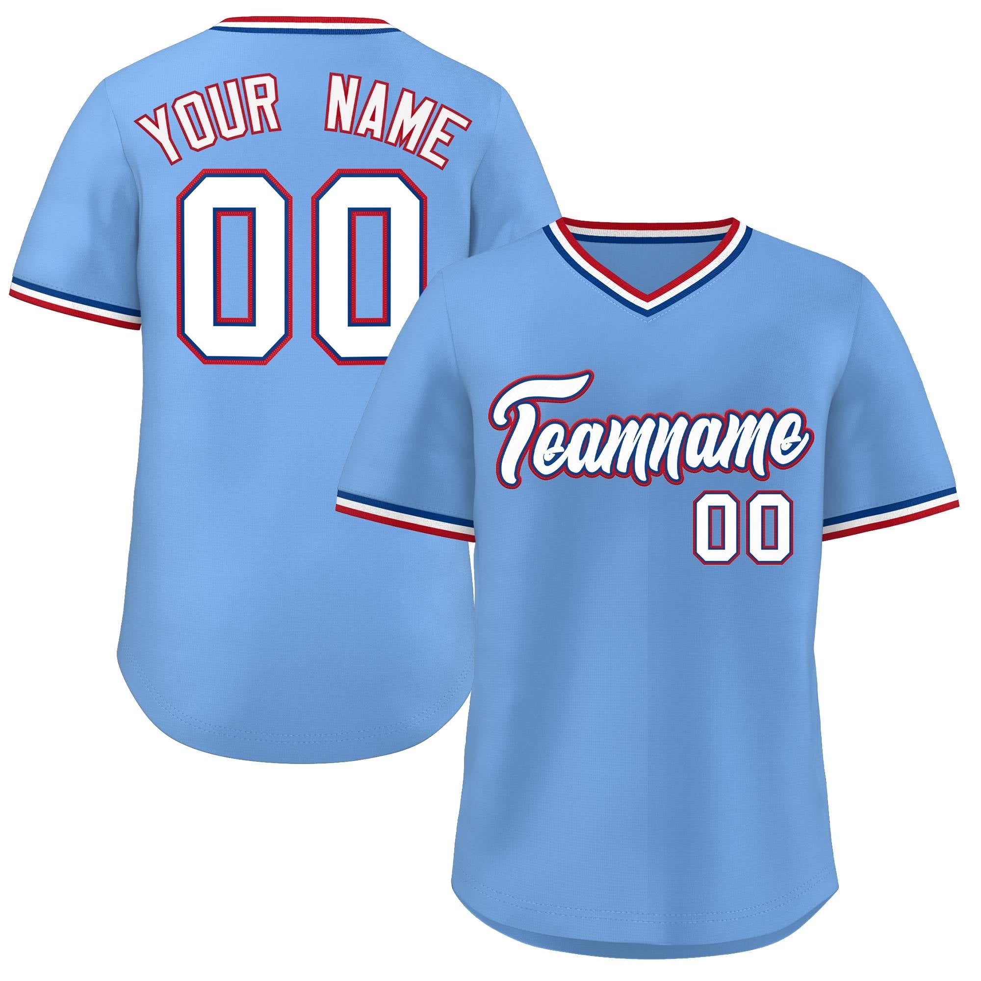 Maillot de baseball personnalisé, bleu clair, blanc, Style classique, col en v, pull authentique