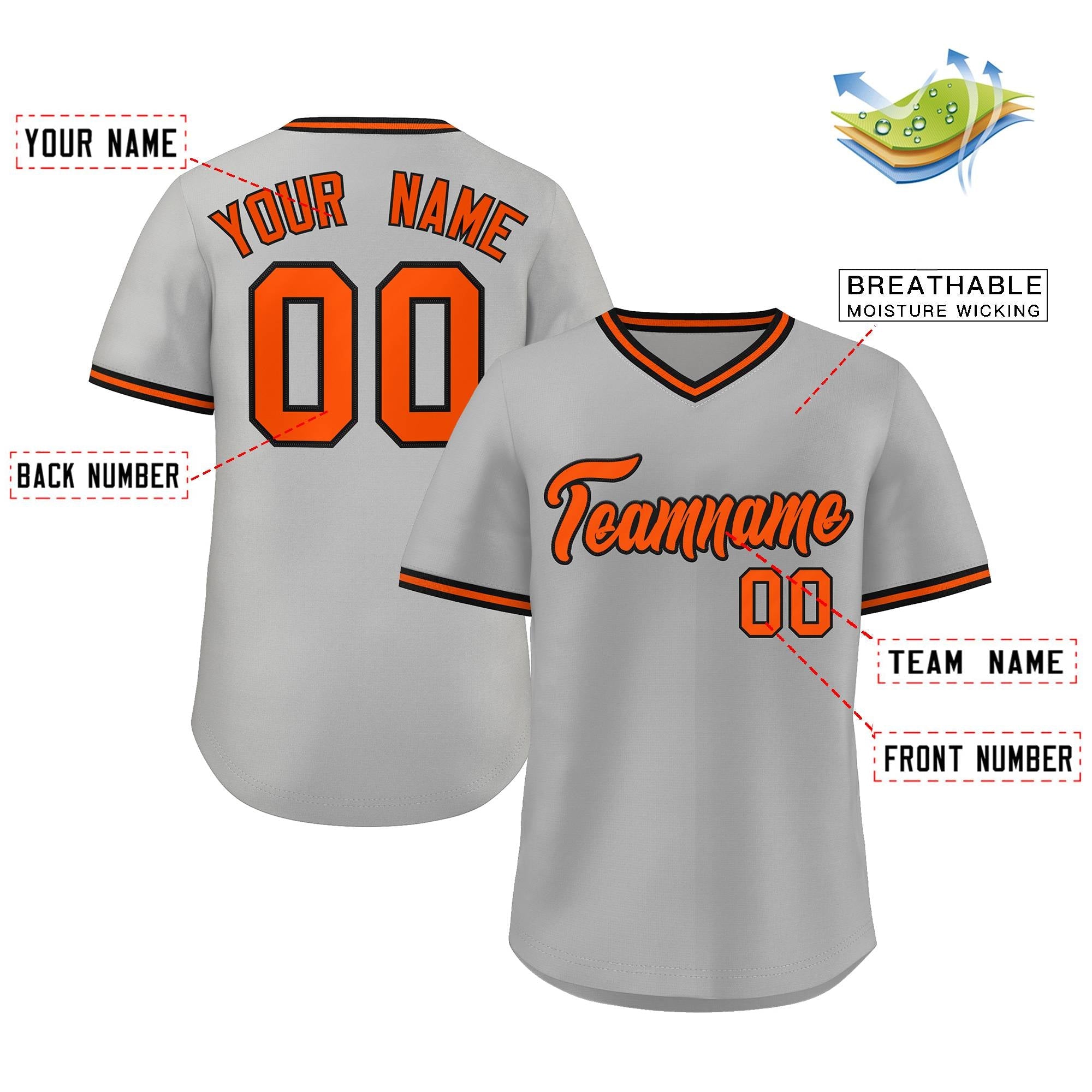 Custom Gray Orange Classic Style V-Neck Authentic Pullover Baseball Jersey