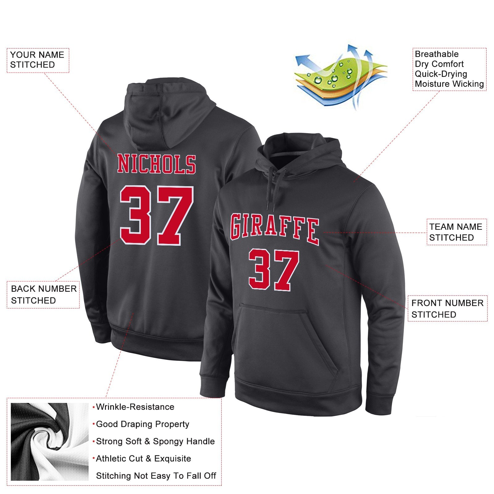 Custom Black Red-White Classic Style Pullover Sport Fashion Hoodie Uniform