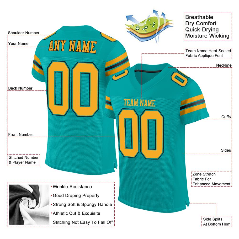 Custom Aqua Gold-Black Classic Style Mesh Authentic Football Jersey