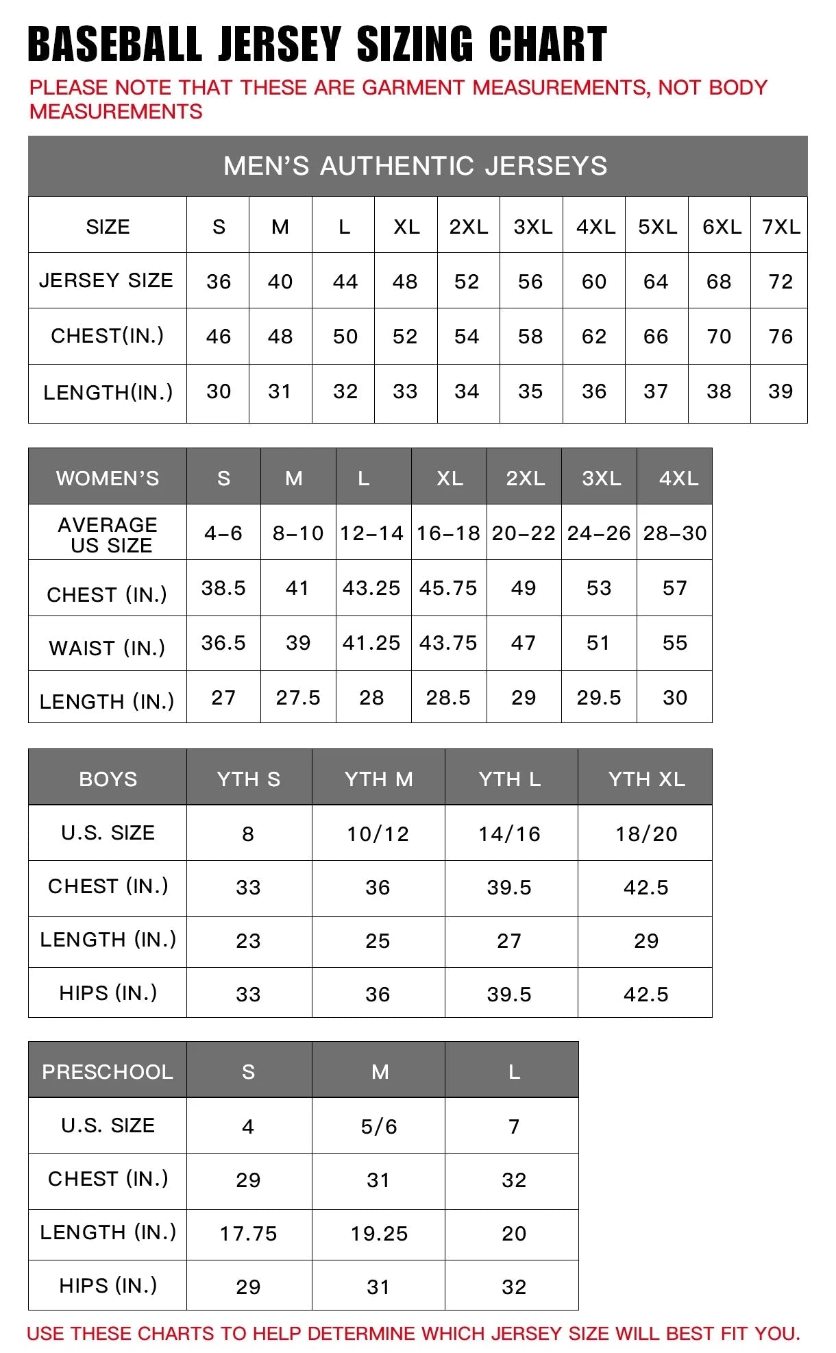 Baseball Jersey Size Chart