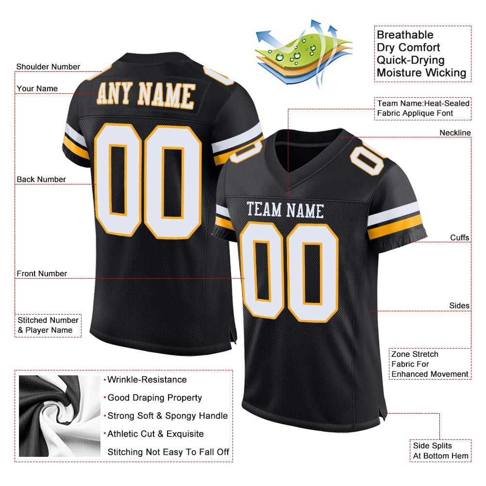 Custom Black White-Gold Classic Style Mesh Authentic Football Jersey