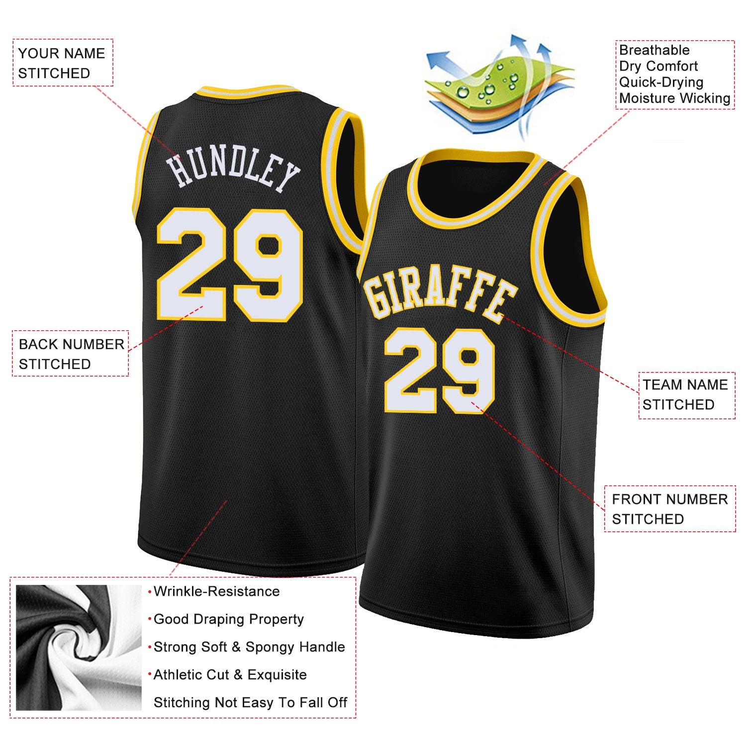 Maillot de basket-ball respirant, personnalisé, noir, blanc et jaune, hauts classiques