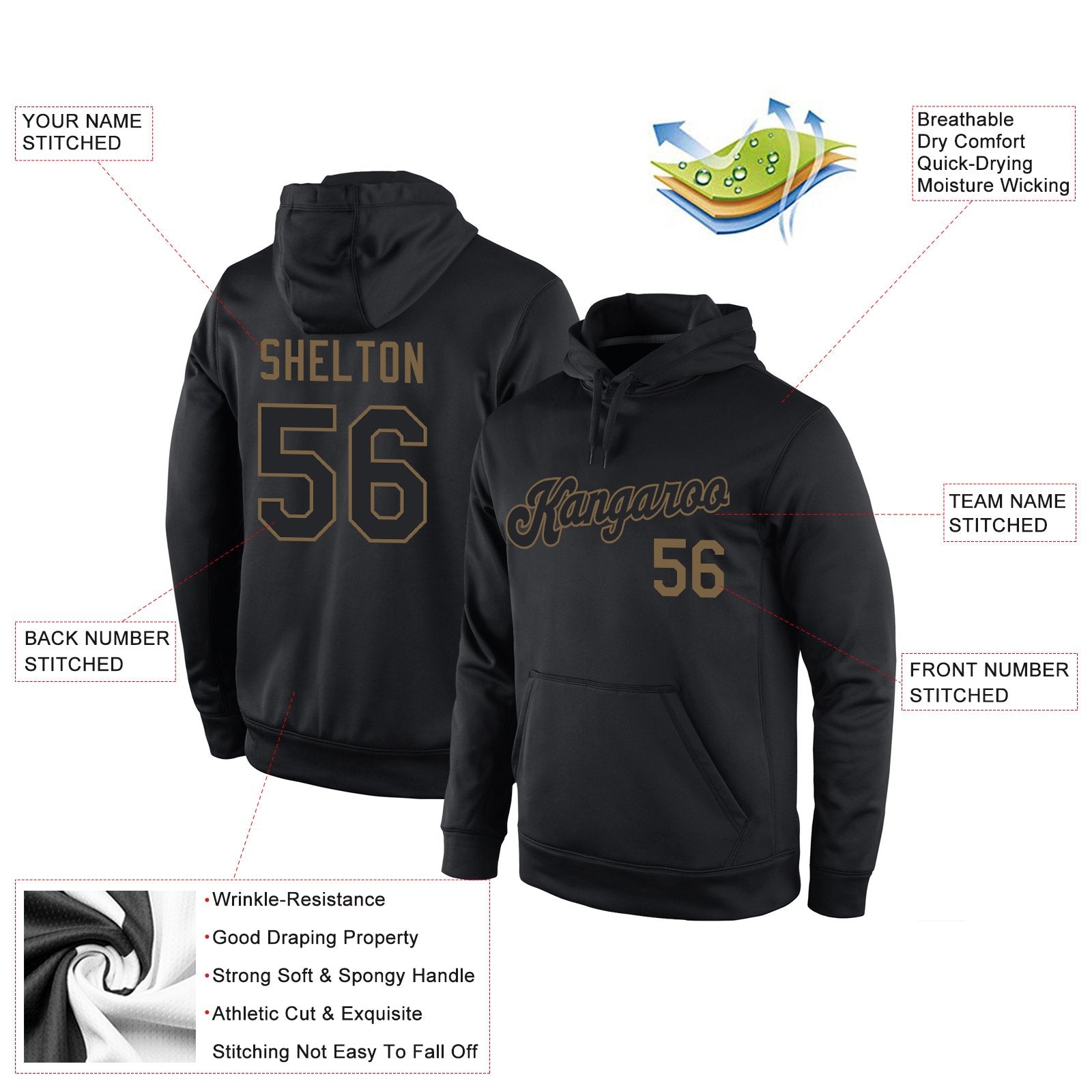 Custom Black Gold Classic Style Pullover Sport Fashion Hoodie Uniform