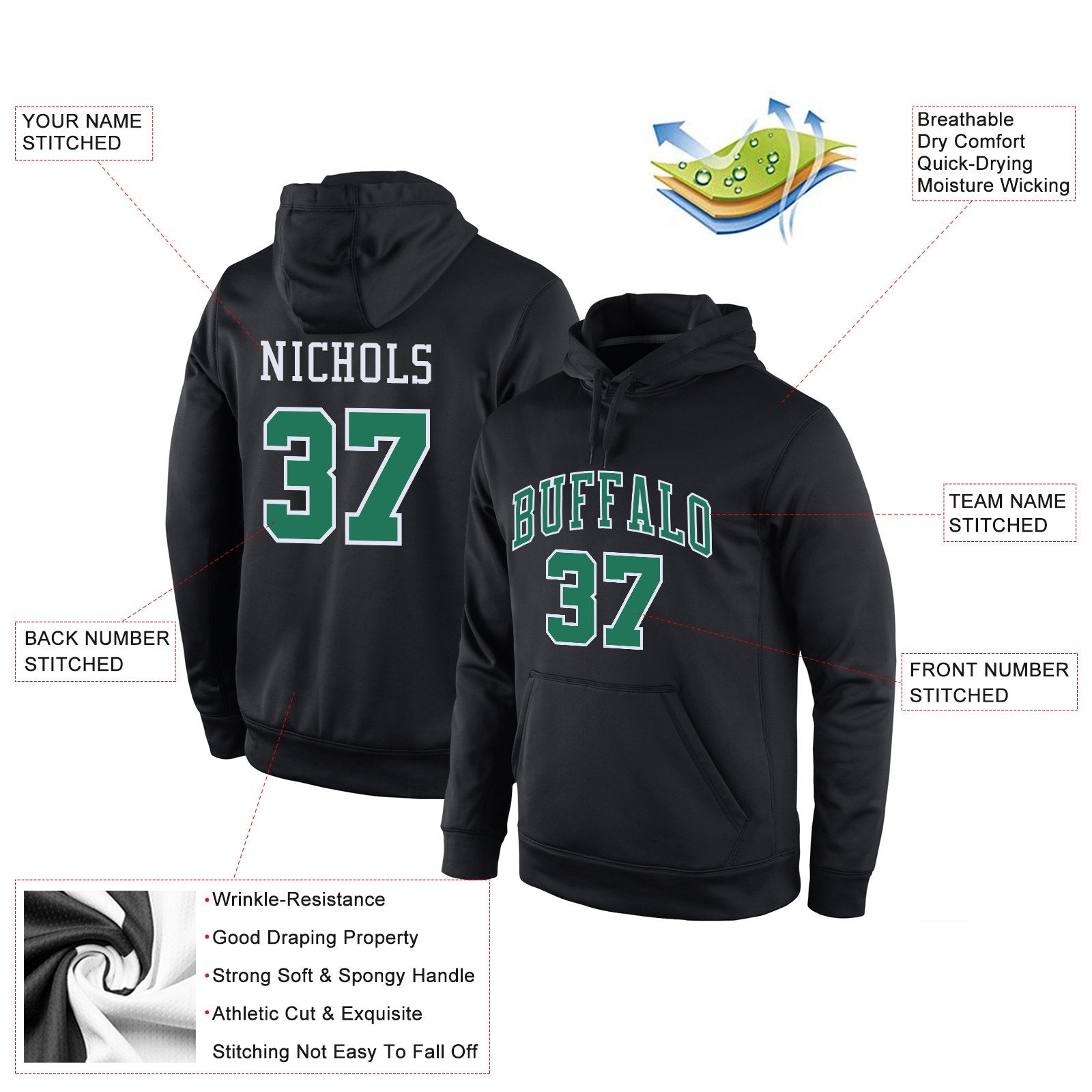 Custom Black Green-Gray Classic Style Pullover Sport Fashion Hoodie Uniform