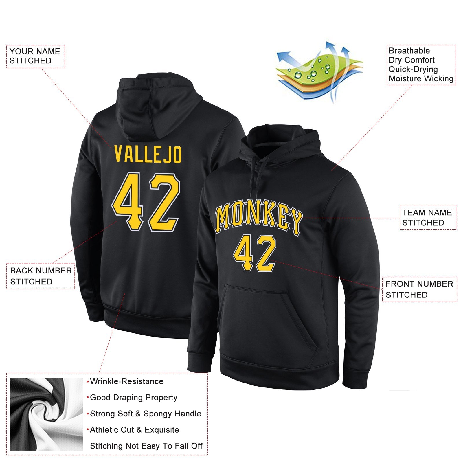 Custom Black Yellow-White Classic Style Pullover Sport Fashion Hoodie Uniform