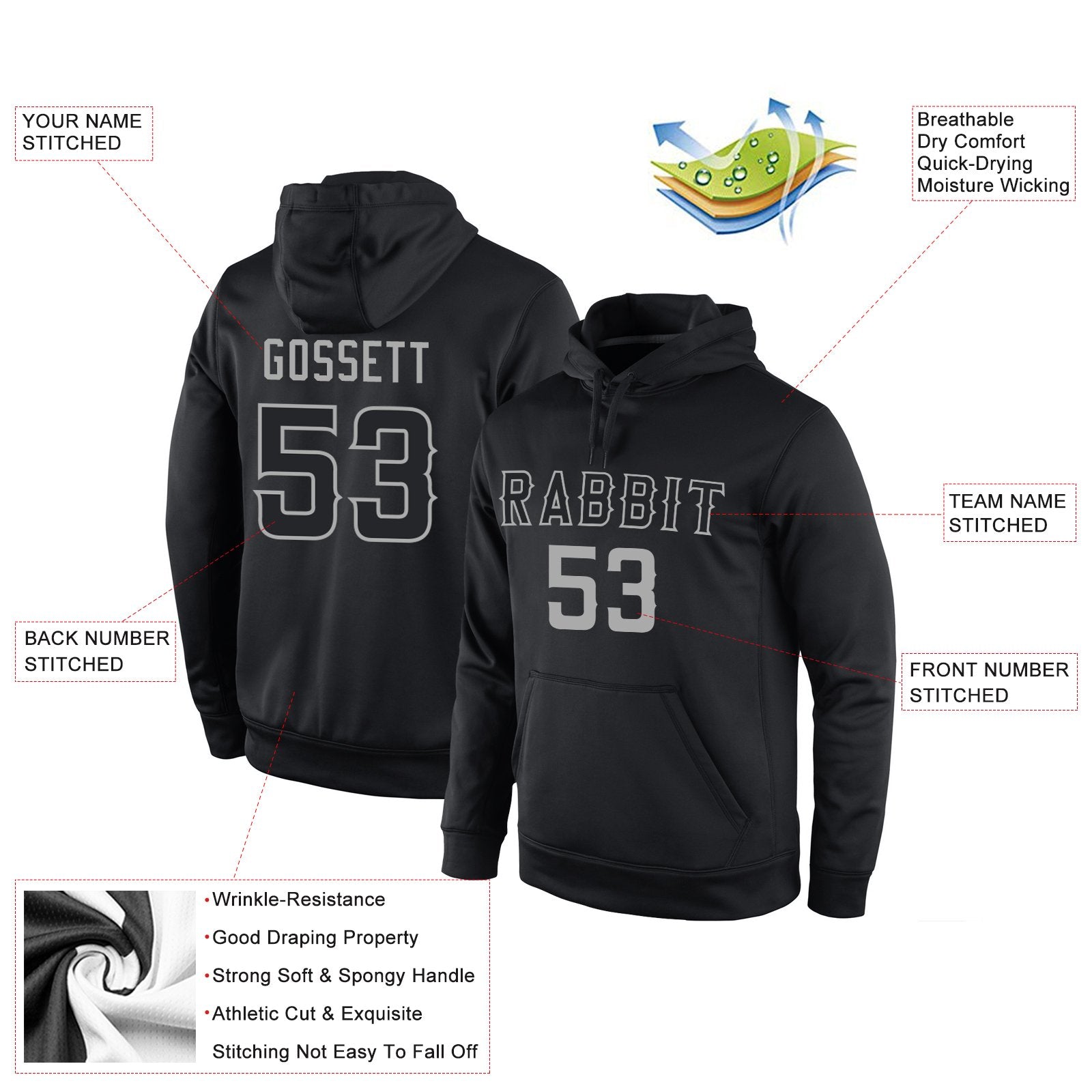 Custom Black Gray Classic Style Pullover Sport Fashion Hoodie Uniform