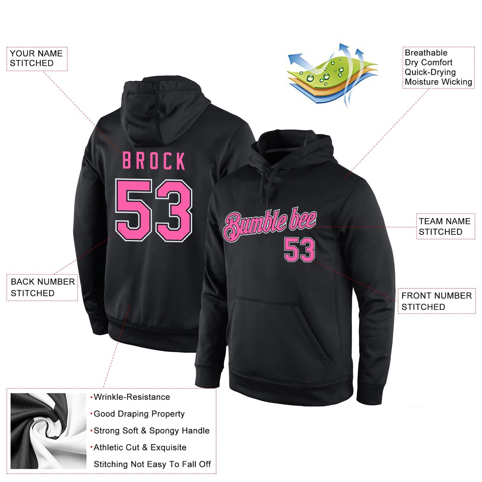 Custom Black Pink-White Classic Style Uniform Pullover Fashion Hoodie