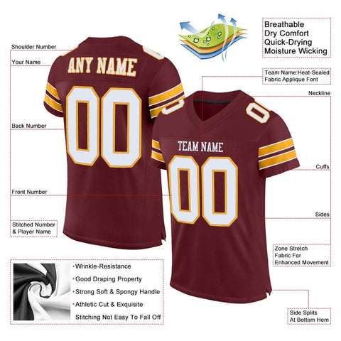 Custom Burgundy White-Gold Classic Style Mesh Authentic Football Jersey