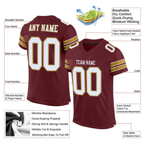Custom Burgundy White-Old Gold Classic Style Mesh Authentic Football Jersey
