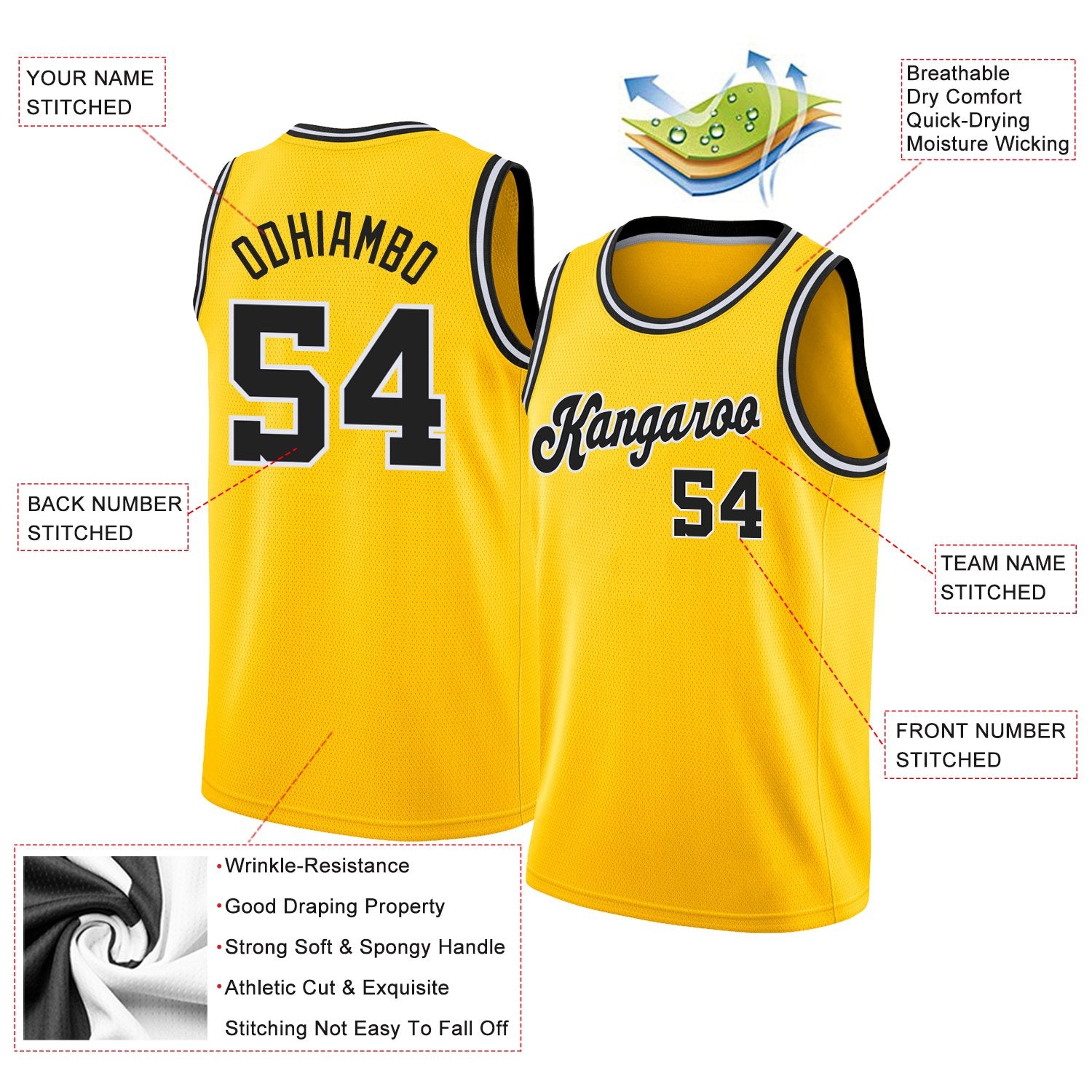 Custom Gold Black-White Classic Tops Breathable Basketball Jersey