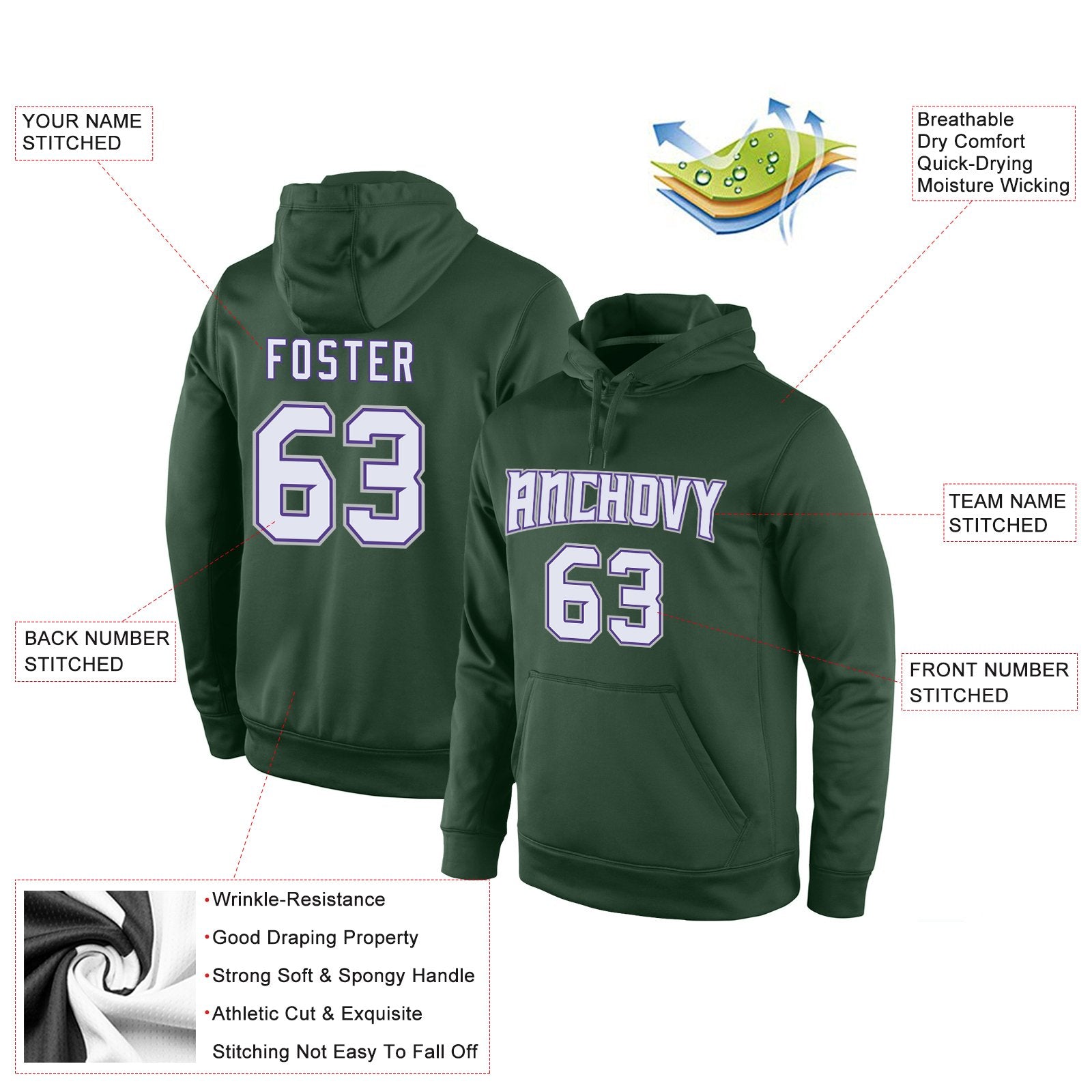 Custom Green White-Purple Classic Style Uniform Pullover Fashion Hoodie