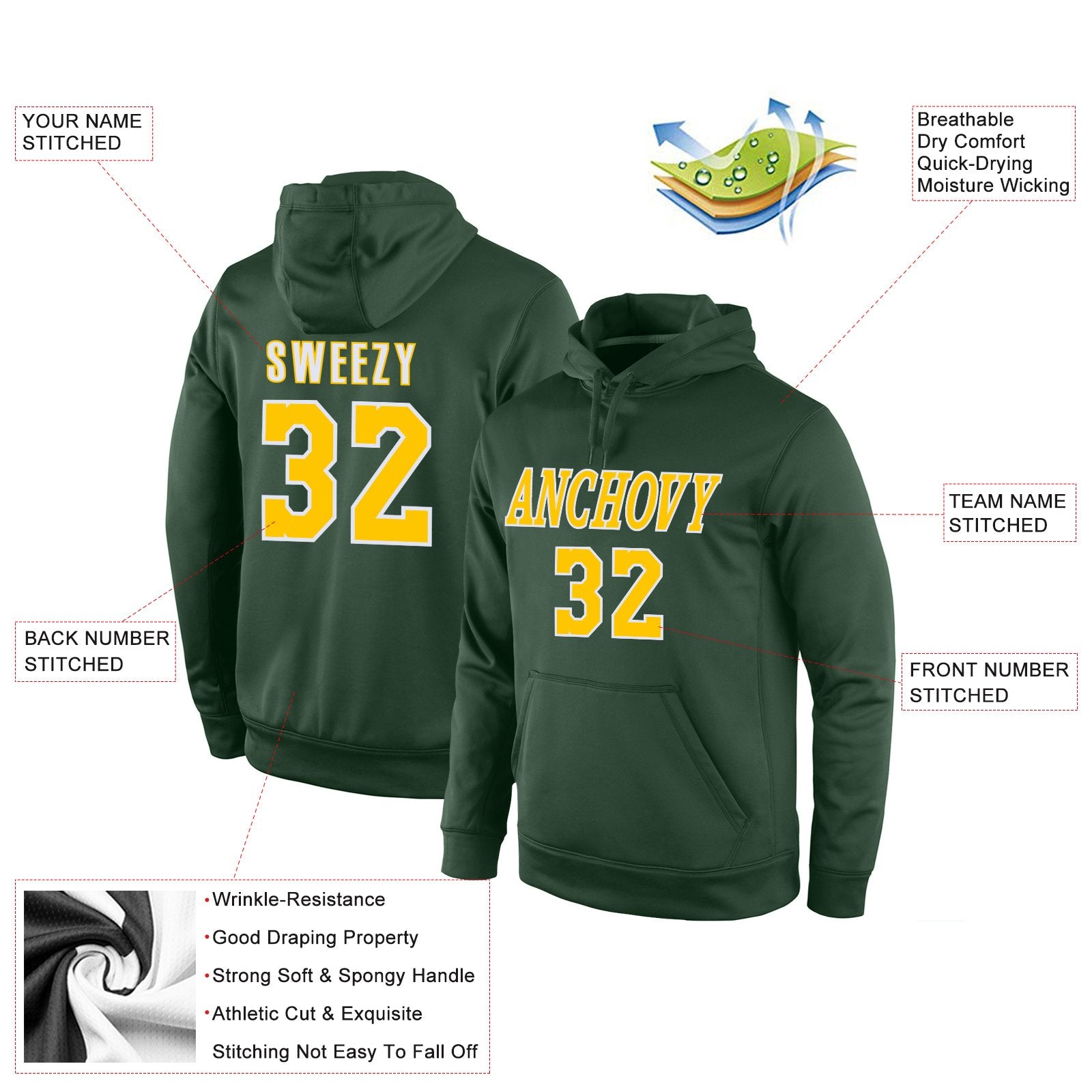 Custom Green Yellow-White Classic Style Uniform Pullover Fashion Hoodie