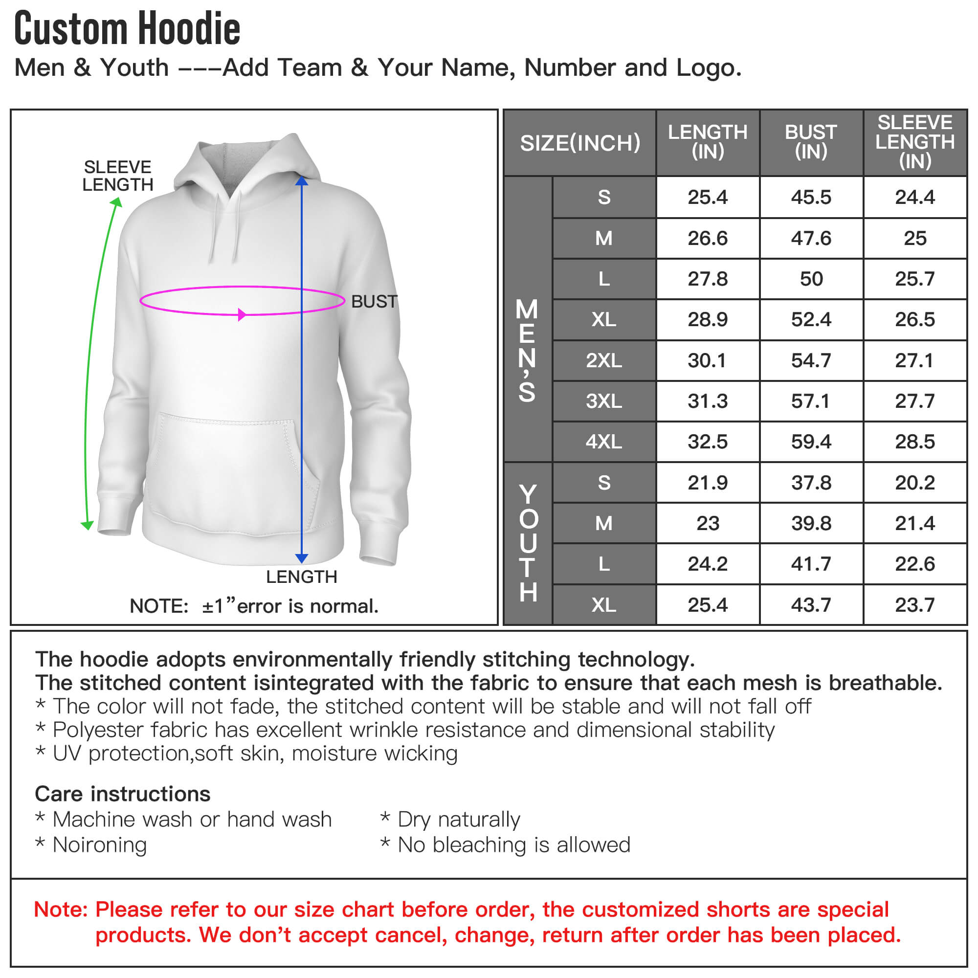 personalised pullover hoodies size guide