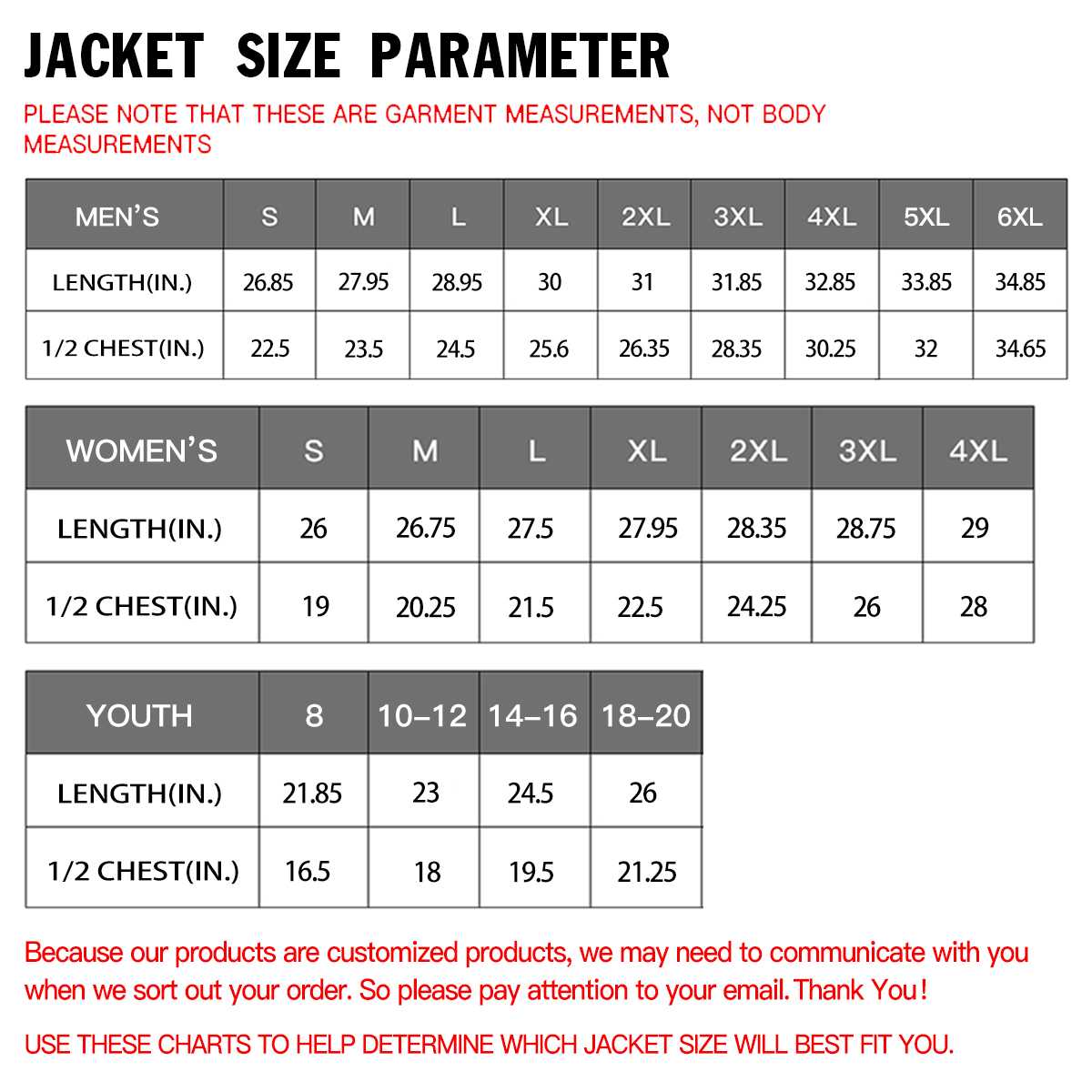personalized varsity full snap bomber jacket size chart