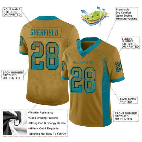 Custom Old Gold Teal-Black Drift Fashion Mesh Authentic Football Jersey