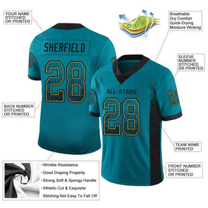 Custom Teal Black-Old Gold Drift Fashion Mesh Authentic Football Jersey