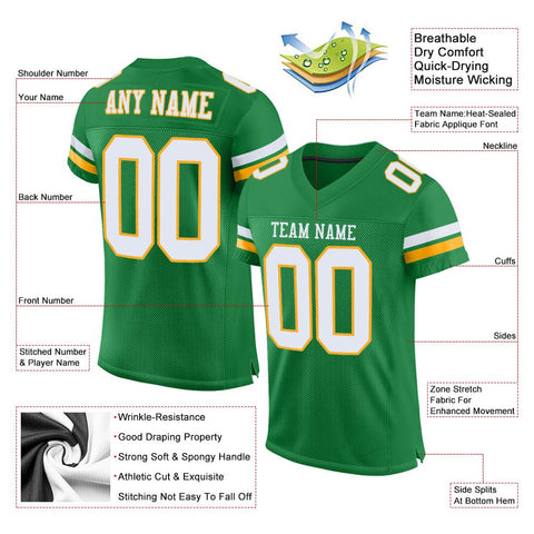 Custom Kelly Green White-Gold Classic Style Mesh Authentic Football Jersey