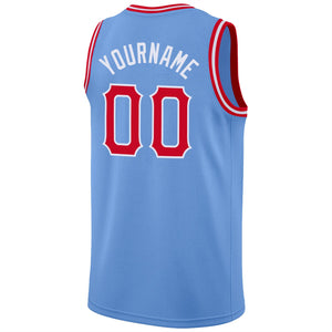 Custom Light Blue Red-White Classic Tops Mesh Sport Basketball Jersey