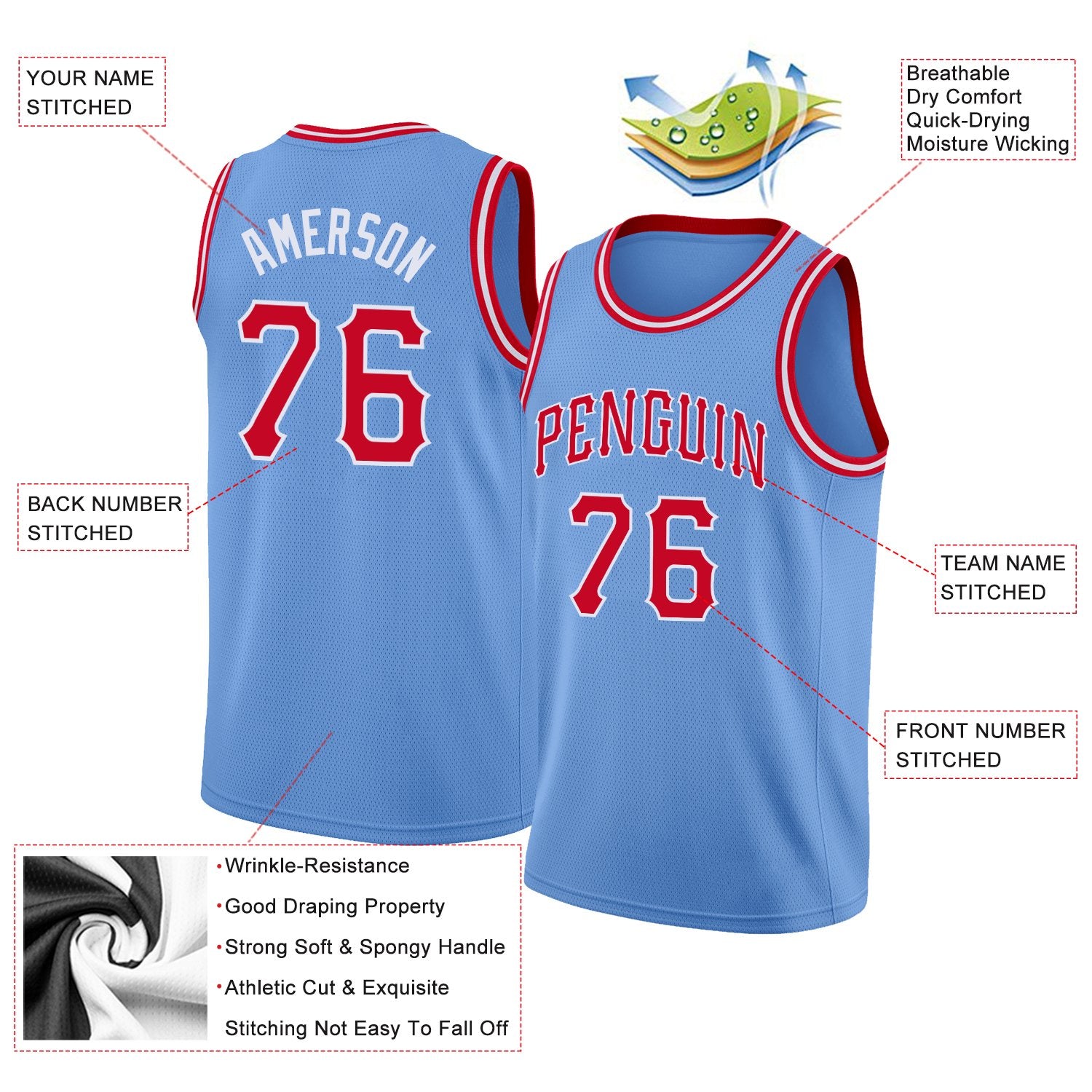 Custom Light Blue Red-White Classic Tops Mesh Sport Basketball Jersey