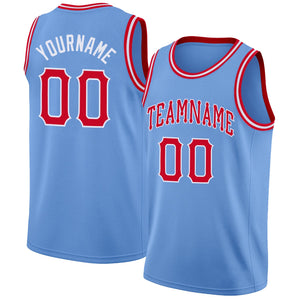 Custom Light Blue Red-White Classic Tops Mesh Sport Basketball Jersey