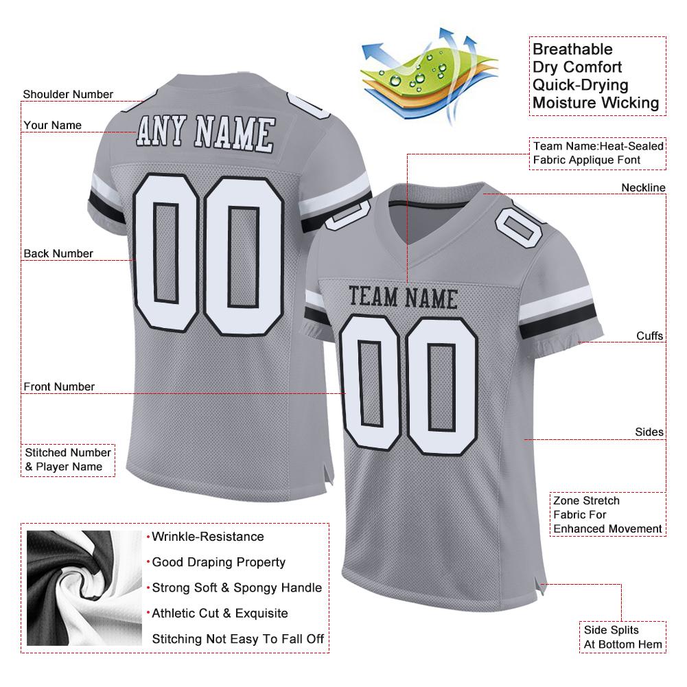 Custom Light Gray White-Black Classic Style Mesh Authentic Football Jersey