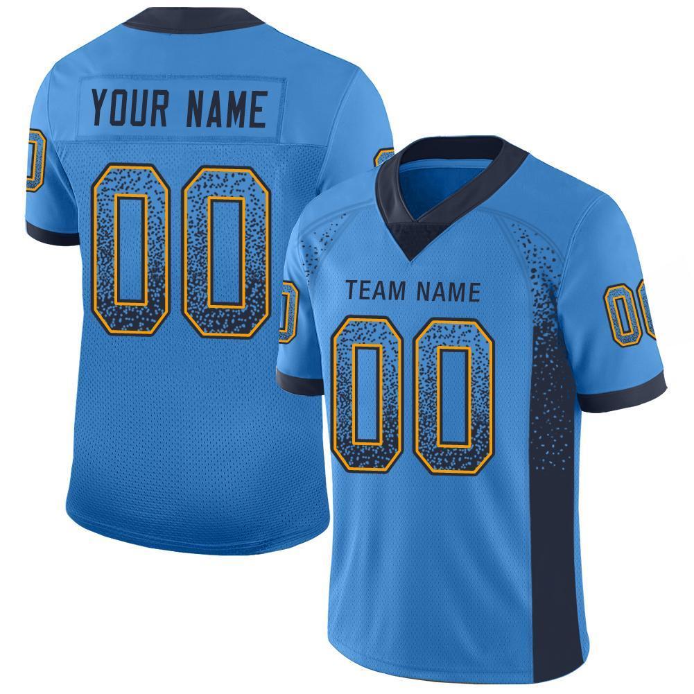 Custom Powder Blue Navy-Gold Drift Fashion Mesh Authentic Football Jersey